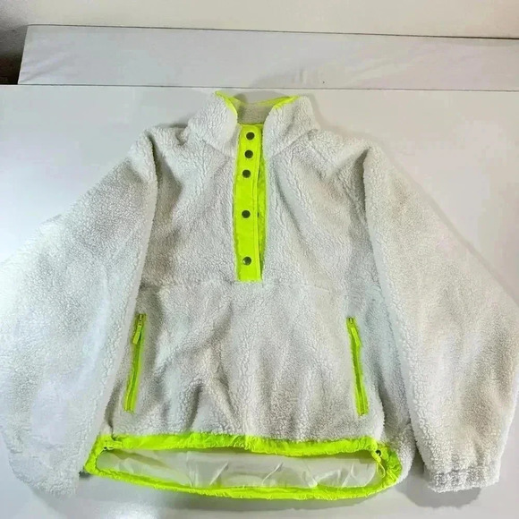 American Eagle White Fleece Sherpa Large NWT Neon Snap Pullover Yellow Green 90s - Picture 3 of 10